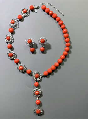 Vintage中古JR joan rivers打标红色琉璃不对称花朵耳环项链套装