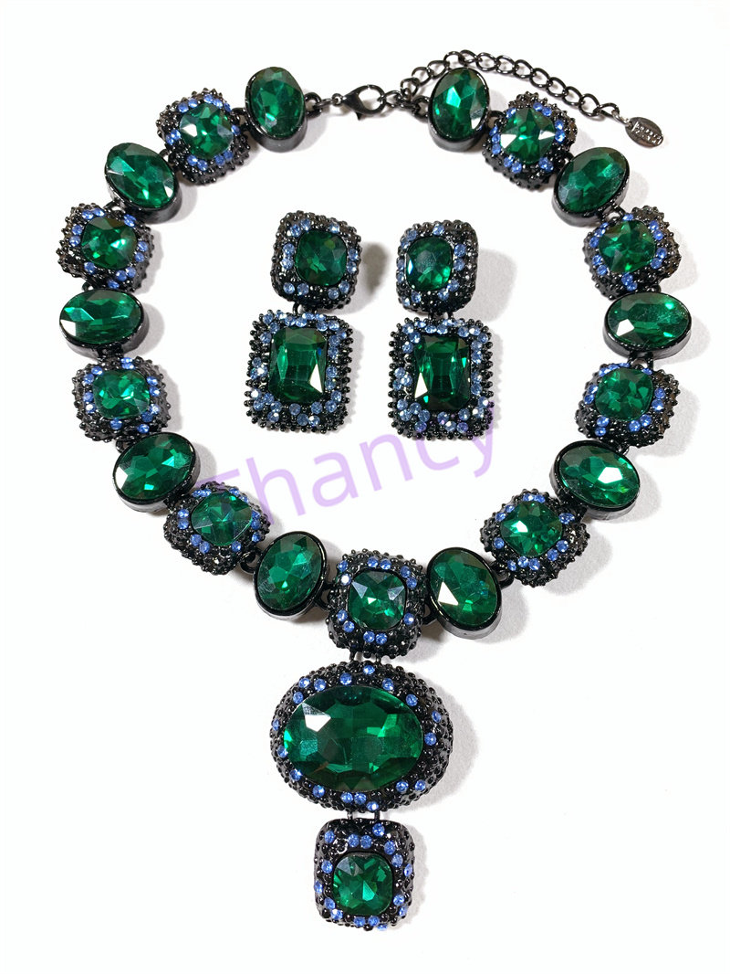 Vintage中古LF品牌打标大颗粒绿色玻璃水晶夸张华丽项链耳环套装