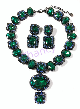 LF祖母绿玻璃水晶项链耳环套装