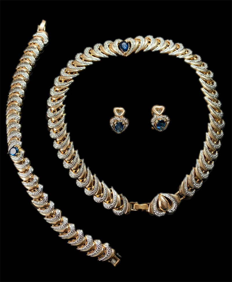 Vintage中古 莱茵石蓝水晶爱心造型重工Chorker项链耳钉手链套装