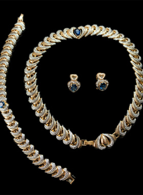 Vintage中古 莱茵石蓝水晶爱心造型重工Chorker项链耳钉手链套装