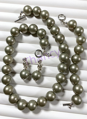 CAROLEE灰色琉璃珍珠耳夹项链