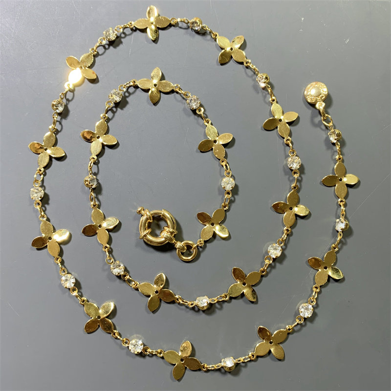 Vintage中古JCR打标铜镀真金立体四叶草造型短款项链可当手链