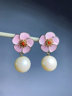 Vintage美国老牌carolee打标 粉色桃花花朵人造珍珠名媛范耳夹女