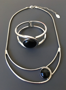 Vintage中古CHICOS打标天然黑玛瑙镶嵌设计感项链项圈手镯套装