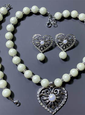 Vintage中古SP打标质感百搭小香风琉璃珍珠爱心耳环手链项链套装