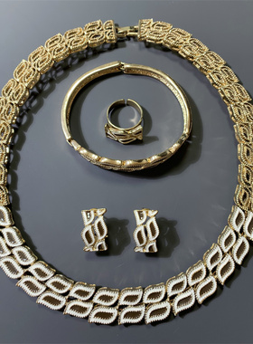 Vintage中古MN打标珐琅釉镂空气质复古项圈项链耳钉手镯戒指套装