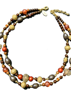 Vintage中古CHICOS打标哑光金古朴风浮雕珠木珠多元素复古项链