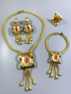 Vintage欧洲回流IVY打标磨砂金猫眼石耳环项链手链戒指套装女