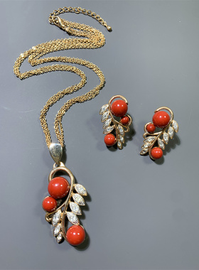 Vintage中古 中国红色琉璃珠镶嵌气质复古百搭耳钉项链套装