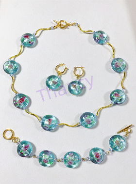 蓝色雕花琉璃珠项链耳环手链