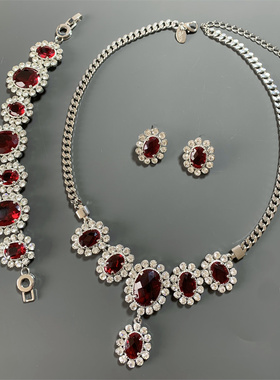 Vintage中古 SP打标质感酒红色切面水晶镶嵌短项链手链耳钉套装