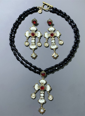 Vintage中古法国IKITA打标黑色琉璃双层十字架吊坠项链耳环套装