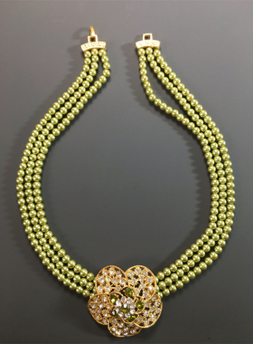 Vintage中古 优雅复古百搭绿色琉璃珍珠莱茵石花盘坠短款项链女