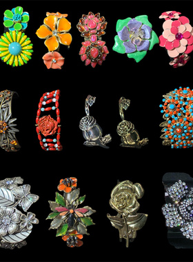 Vintage中古 复古时髦夸张色彩绚丽植物花卉元素珐琅彩开口手镯女