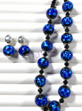 JR星空蓝大颗琉璃耳夹项链套装