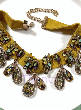 复古做旧水滴玻璃钻黄色颈链