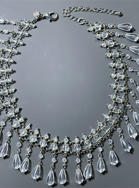 Vintage中古SP打标手工编织款透明水滴坠短款CHORKER颈链项链女