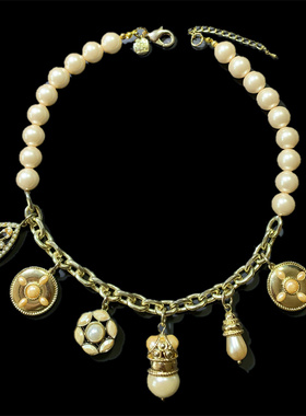 Vintage中古西洋古董回流品牌打标琉璃珍珠多吊坠宫廷风短项链女