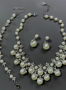 Vintage中古 美国CC打标水晶钻立体多吊坠夸张项链耳环手链套装女