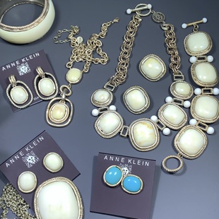 Vintage古着回流复古奶油黄宝石AK打标耳夹耳环耳钉手镯手链套装