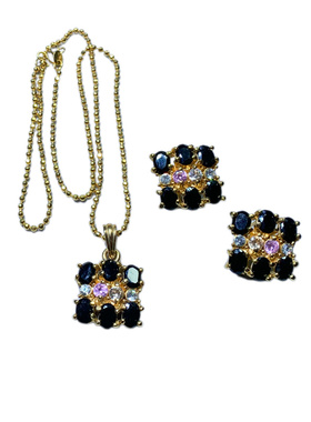 Vintage中古 黑色水晶镶嵌方块造型吊坠锁骨链耳钉耳扣套装