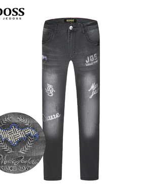 JEDOSS/爵迪斯男装夏季新款章仔刺绣烫钻灰色牛仔裤长YL113SX