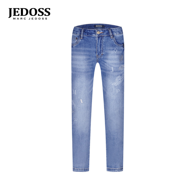 JEDOSS/爵迪斯男装2026夏季新款简约章仔压凸烫钻水印牛仔裤111SX图片