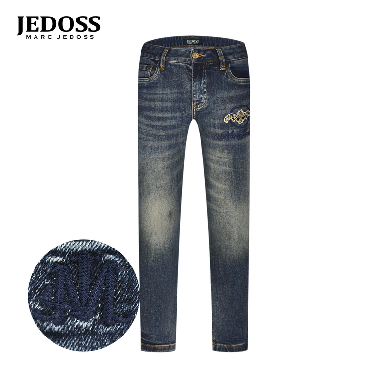 JEDOSS/爵迪斯男装2025秋季新款简约LOGO刺绣磨白蓝色牛仔裤368B