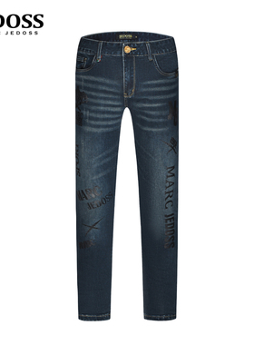 JEDOSS/爵迪斯男装秋冬新款简易字母印花蓝色牛仔裤长裤842SX