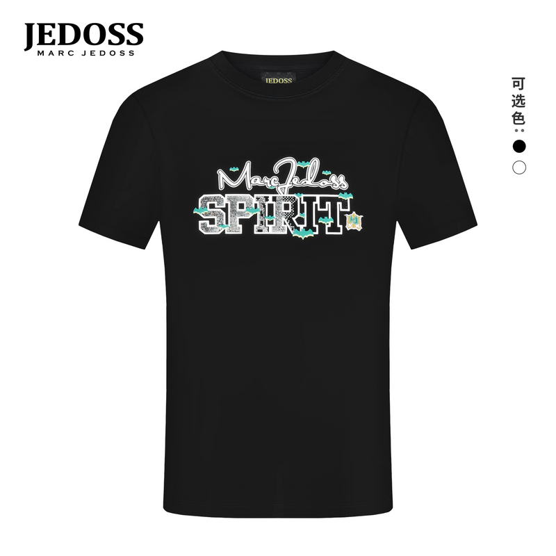 JEDOSS/爵迪斯男装2025夏季新款简约字母LOGO刺绣烫钻短袖T恤033