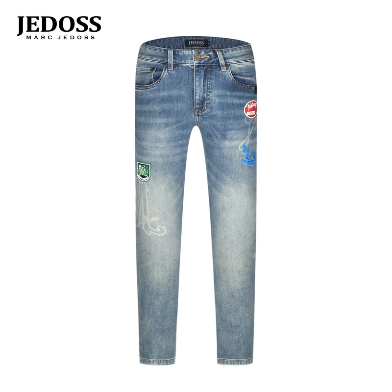 JEDOSS/爵迪斯男装2025夏季专柜新款简约章仔刺绣磨白牛仔裤YL015