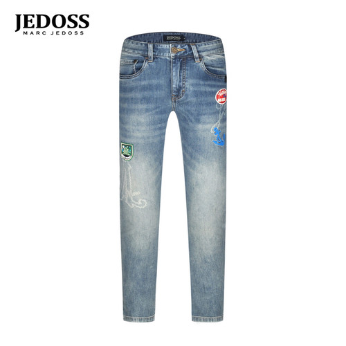 JEDOSS/爵迪斯男装夏季专柜新款简约章仔刺绣磨白牛仔裤YL015