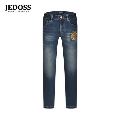 JEDOSS/爵迪斯男装秋冬专柜新款章仔金线刺绣蓝色牛仔裤JZ018
