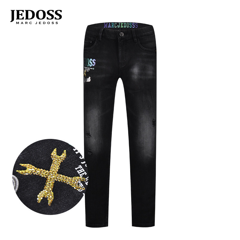 JEDOSS/爵迪斯男装秋冬专柜新款金色烫钻扳手修身牛仔裤YF028,男装,牛仔裤,淘宝优惠券,粉丝福利购,淘宝优惠卷