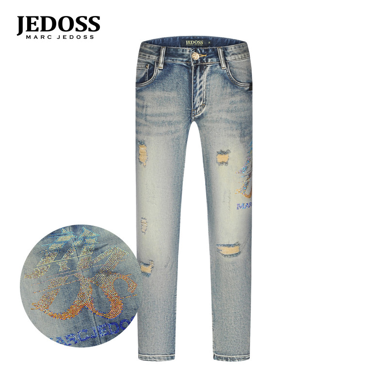 JEDOSS/爵迪斯男装2025夏季新款字母渐变烫钻磨白牛仔九分裤080SX