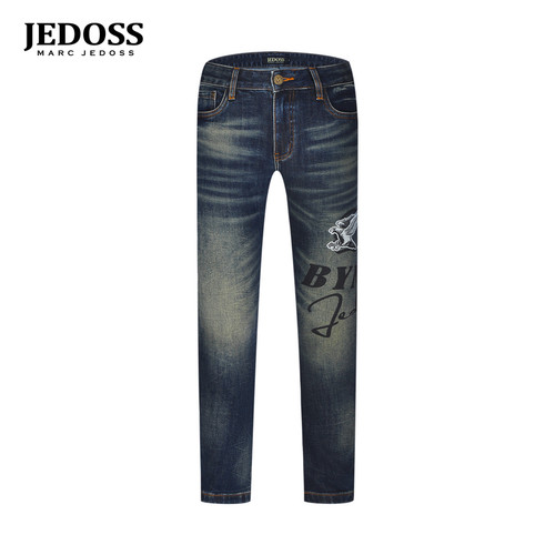 JEDOSS/爵迪斯男装秋季新款简约雄鹰数码印花蓝色牛仔裤YH389