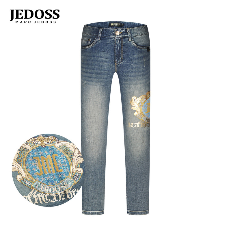 JEDOSS/爵迪斯男装夏季专柜新款LOGO立体欧式胶印牛仔裤YF048