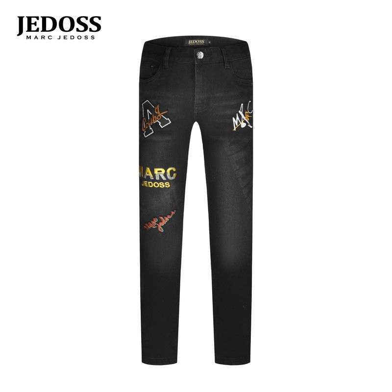 JEDOSS/爵迪斯男装2025秋冬新款字母章仔刺绣烫钻牛仔裤YH115SX