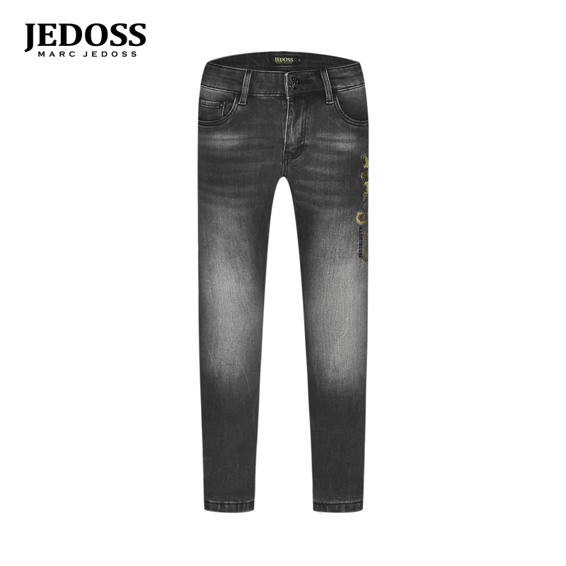 JEDOSS/爵迪斯男装2025秋季专柜新款渐变胶印刺绣牛仔裤薄绒BC008