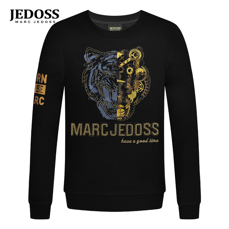 JEDOSS/爵迪斯男装秋冬新款齿轮拼接烫金虎头无帽卫衣GX253BS