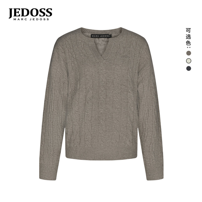 JEDOSS/爵迪斯女装2025秋冬专柜新款简约V领绣标长袖羊毛衫MS001