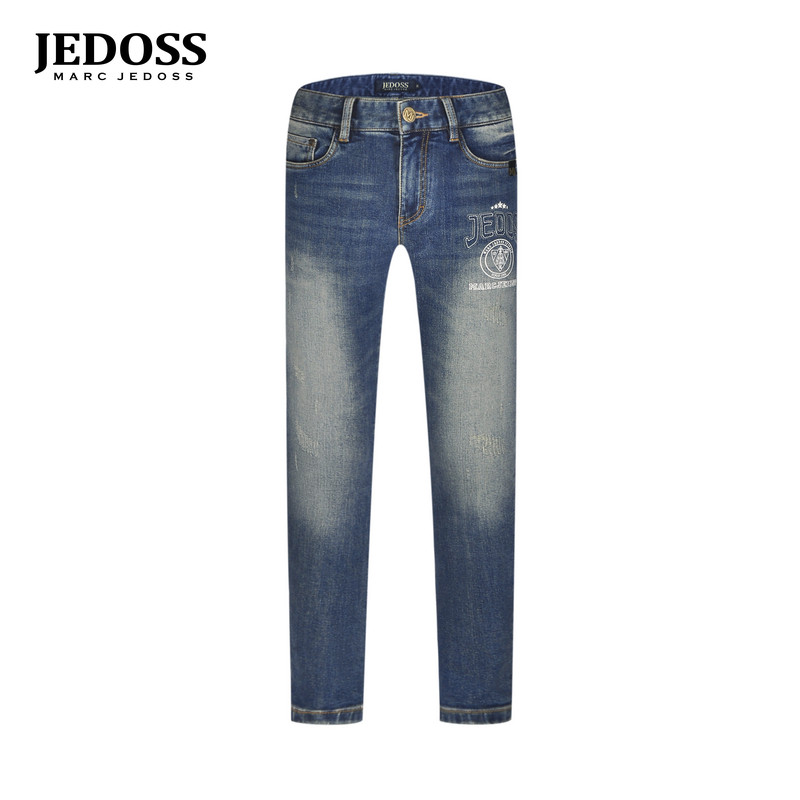 JEDOSS/爵迪斯男装2025秋冬专柜新款字母刺绣章仔贴布牛仔裤YF262