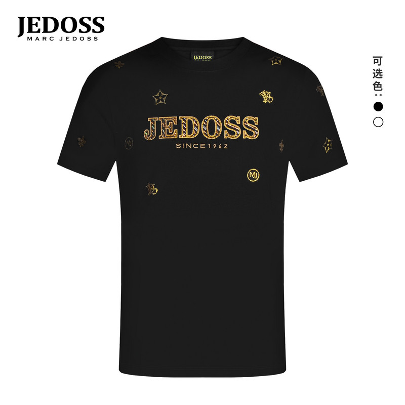 JEDOSS/爵迪斯男装2026春季新款炫彩字母烫金烫钻短袖T恤潮AM801