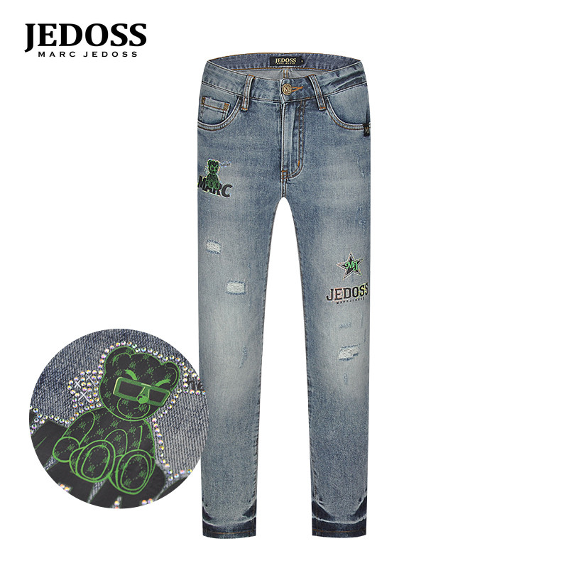 爵迪斯春夏新款绿色小熊牛仔长裤