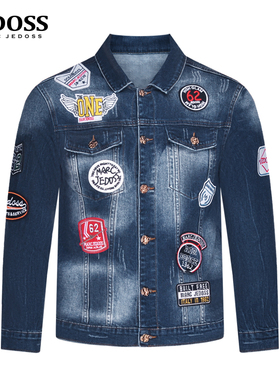 JEDOSS/爵迪斯男装初秋满章仔贴布刺绣蓝色时尚牛仔外套SX064