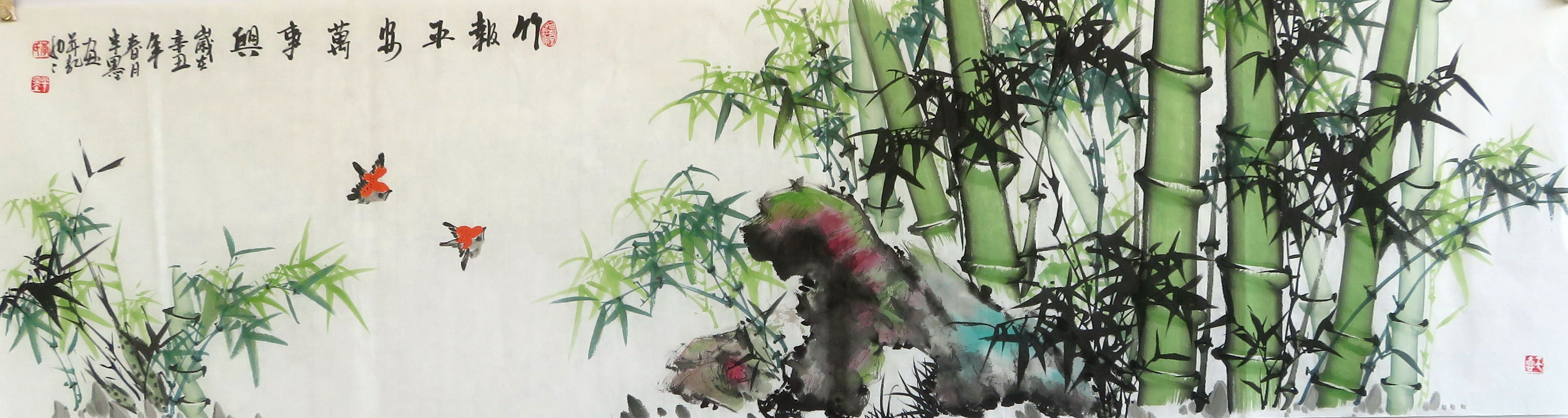 【墨香村】落款装饰国画山雨花鸟画纯手绘六尺对开竹子mm1032118