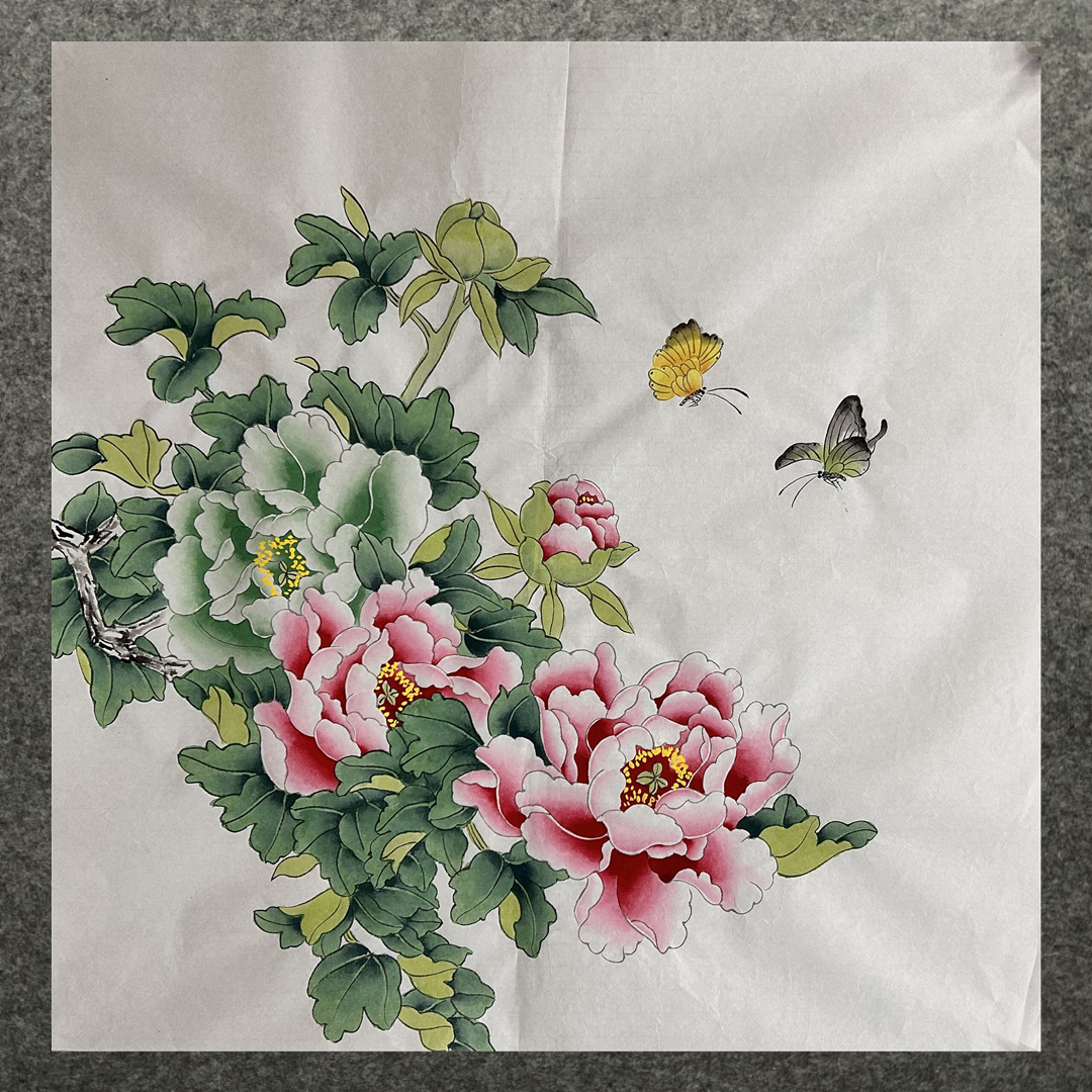 墨香村酒店装饰国画工笔花鸟画玄关纯手绘四尺斗方牡丹花开富贵04图片