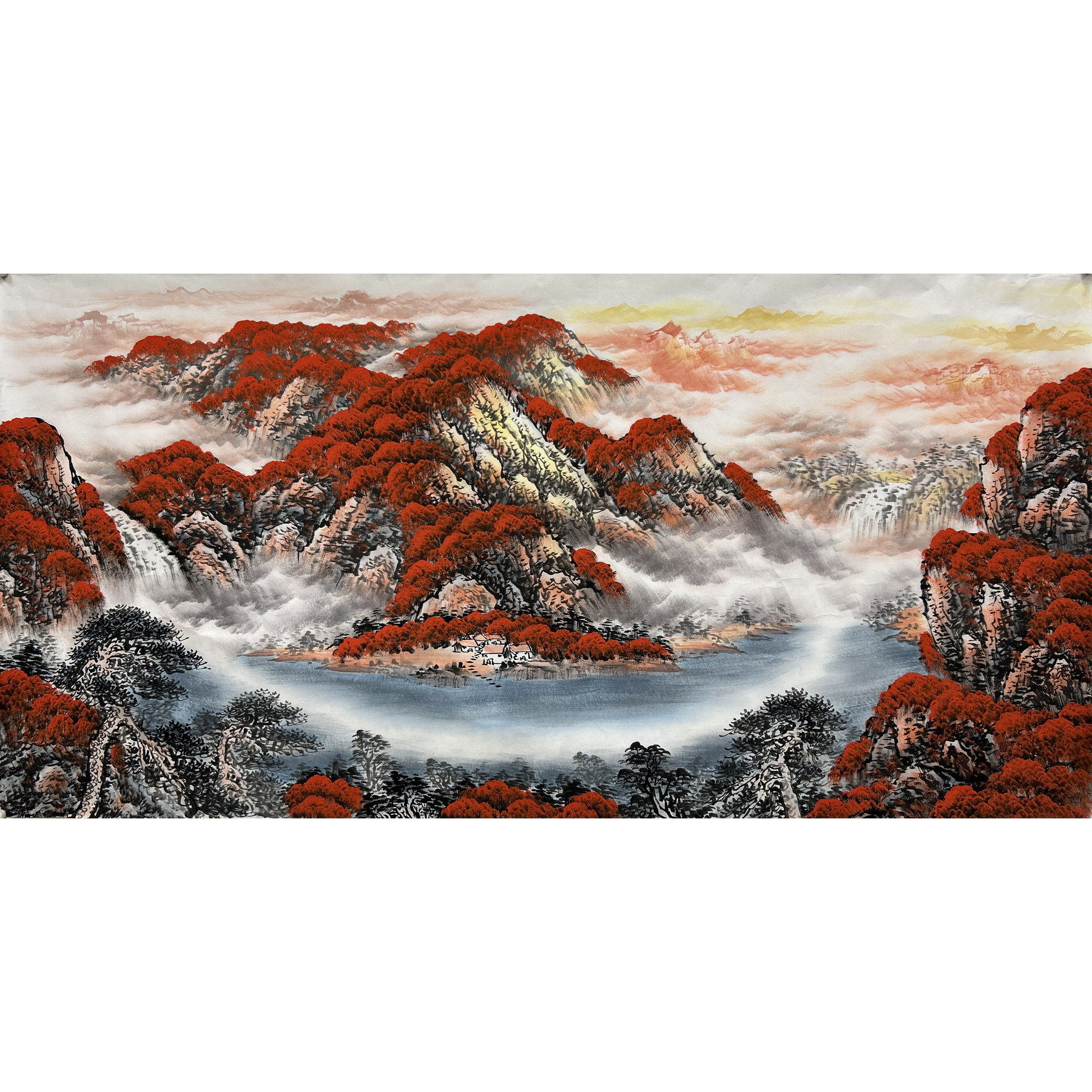 136X68厘米装饰国画纯手绘鸿运当头四尺山水画旭日东升未装裱01