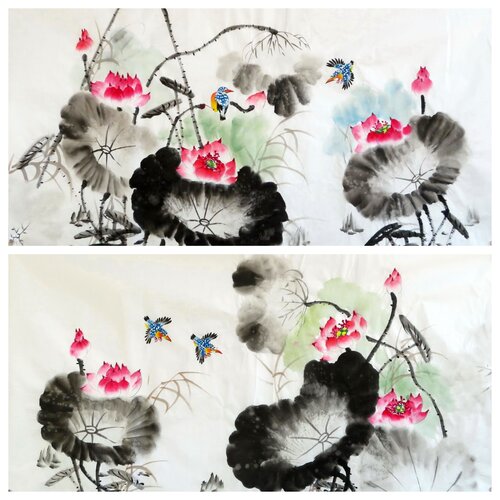 136X68厘米精品装饰国画酒店字画纯手绘四尺荷花鱼鸳鸯连年有余04